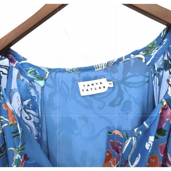 Tanya Taylor | Silk Blue Floral Puff Sleeve Top NWOT Sz 20 - Picture 4 of 8